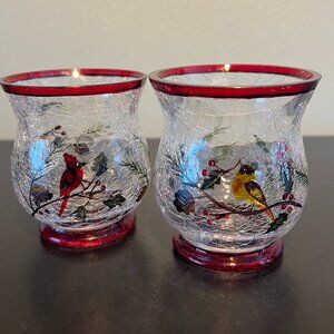 Set of 2 Yankee Candle Crackle Glass Winter Birds Cardinal Votive Candle Holders